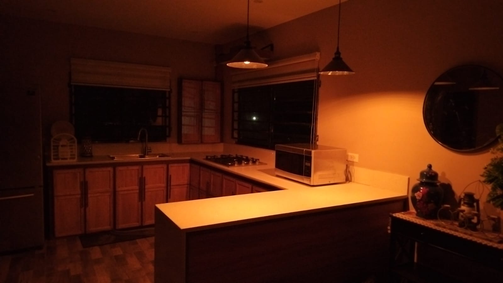 Upstairs kitchen with special night lighting at Rachel's Retreat Mayaro Trinidad
